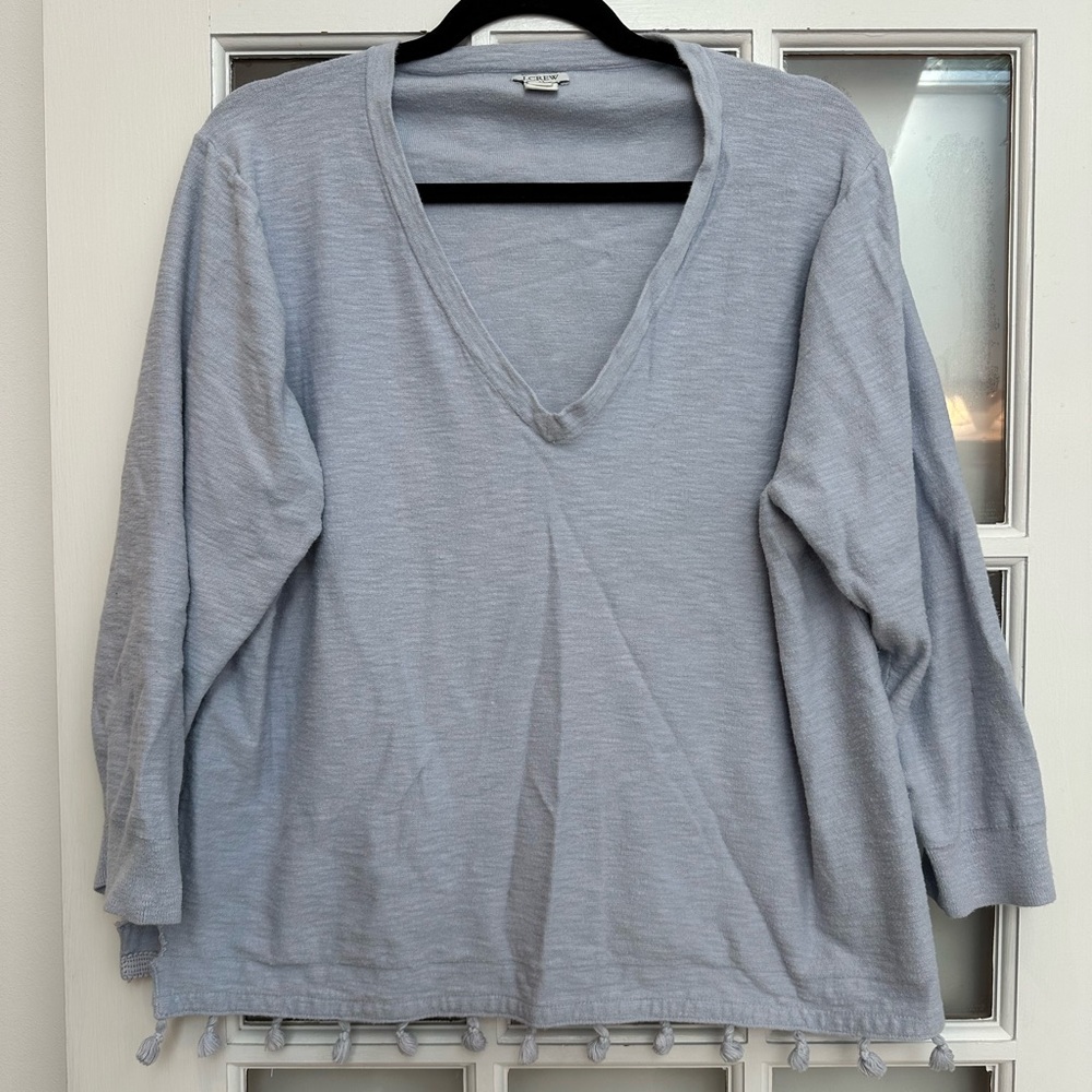 J. Crew Light Grey Periwinkle Blue V-Neck Fringe Tassel Sweater Plus Size XXL